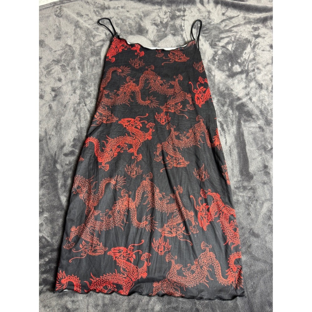 Red Dragon Print Mini Slip Dress Black Spaghetti Strap Bodycon Lettuce Hem